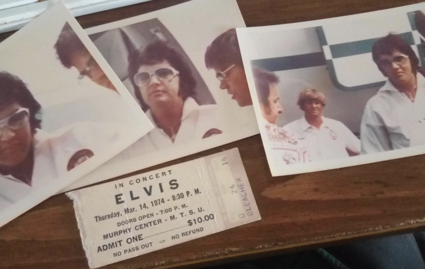 document - In Concert Elvis Thursday, Mar. 14, 1974 P. M. Doors Open P. M. Murphy Center Admit One $10.00 M. T. S. U. No Pass Out No Refund 0 24 Bleacher